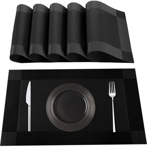 Sets de Table Lavables, Lot de 6 Set de Table en 70% PVC et 30% Polyester, Antidérapant, Résistant à la Chaleur, pour Table de Cuisine,Noir (1/4)