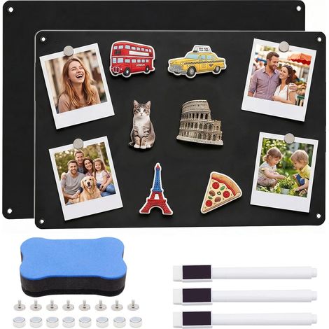 Lot de 2 tableaux magnétiques, en métal, en acier inoxydable A3+A4, petits, tableaux magnétiques pour cuisine, bureau, cuisine, réfrigérateur - Noir (1/5)