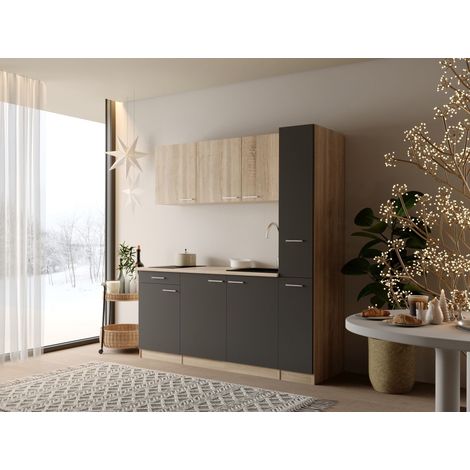 Küche Küchenzeile Singleküche Eiche Grau Ingrid 180 cm ohne Kühlschrank Respekta