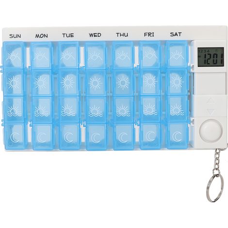 Boîte de rangement hebdomadaire portable 28 compartiments pour pilules, médicaments et bonbons, avec rappel, étui organiseur en bleu. (1/5)