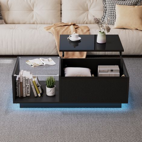 Table basse relevable noire avec LED, plateau en verre trempé et rangement caché, 100x50x33 cm (1/5)