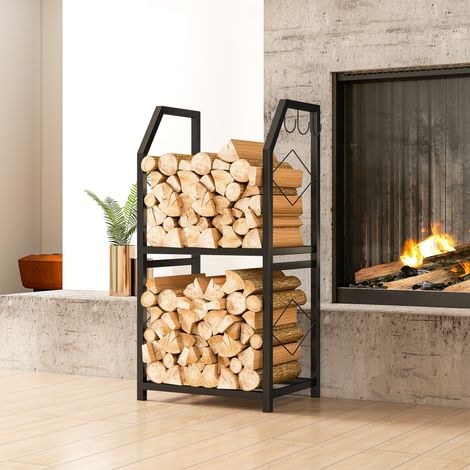 Porte-bois extérieur et intérieur à 2 niveaux avec 3 crochets latéraux en acier, 41x30x81 cm,  Noir (1/5)