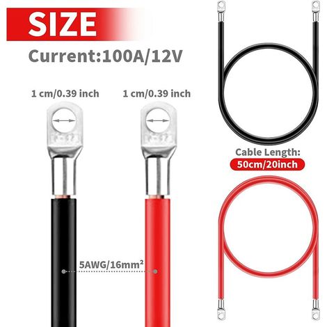 Betterlife Lot de 2 câbles de batterie onduleur 12 V 5 AWG 16 mm² Câbles de batterie en cuivre étamé rouge et noir pour motos, voitures, camping-cars et bateaux (50 cm (16 mm²)) (1/4)