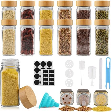 Pot à Épices en Verre et Bois Bocaux Boite pour Cuisine Rangement avec Étiquettes Tamis Entonnoir Brosse (1/5)