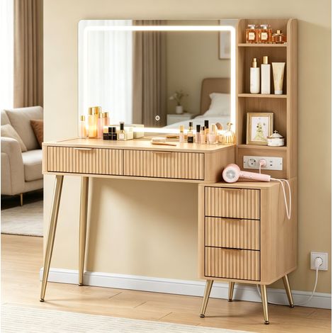 Coiffeuse avec grand miroir, éclairage réglable, station de charge, rangement, 40x117x137 cm, bois jaune (1/5)