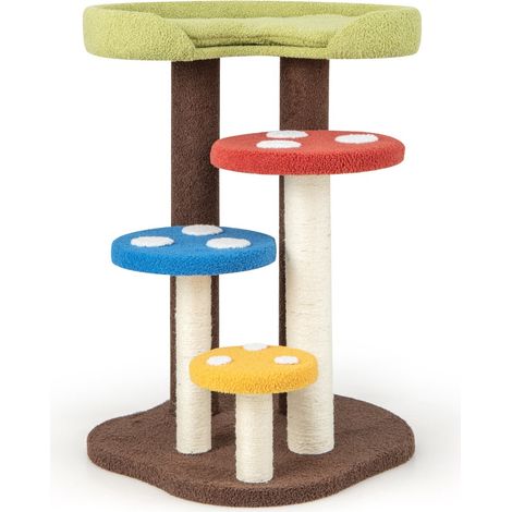Arbre à chat 5 niveaux avec 3 poteaux de sisal stable et tapis amovible style champignon en tissu teddy beige