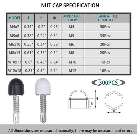 300 Pièces Cache Ecrou, M4 M5 M6 M8 M10 M12 Cache Boulon Noir Blanc Bouchon Ecrou Cache Tete de Vis Capuchon Ecrou, Hexagonal Protection Cache pour Écrous Vis Boulons (1/3)