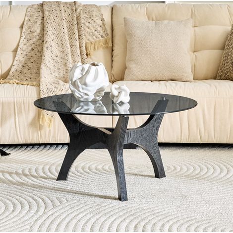 Tavolino da caffè rotondo 80x80x42.2 cm nero in vetro e MDF con piano resistente al calore e ai graffi (1/5)