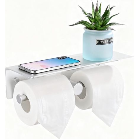 Porte-papier toilette double en acier inoxydable avec étagère, support mural de rangement pour salle de bain (1/5)