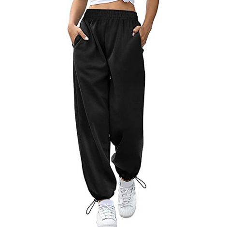 Pantalon Sport Femme - Coupe Large - Taille Haute Élastique - Cordons aux Chevilles - Poches Latérales - Noir - Taille M (1/5)