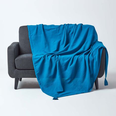 HOMESCAPES Cotton Rajput Ribbed Teal Throw, 225 x 255 cm