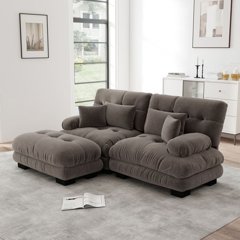 Canapé d'angle modulable 220 x 145 x 81 cm en chenille marron avec ottoman DESVIAE (1/5)