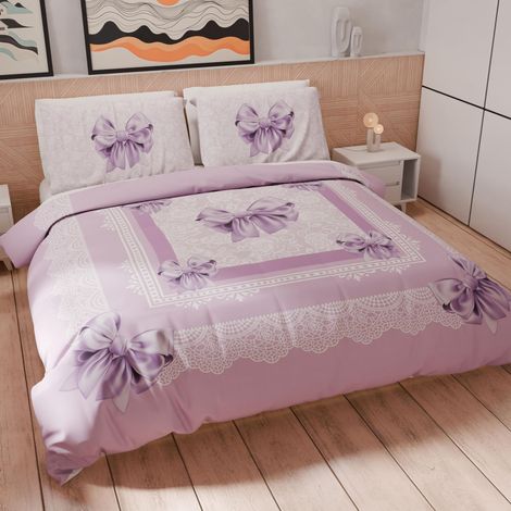 Housse de Couette 1 Place 150x200 cm 1 Taie 50x80 cm Incluse, Parure en Microfibre Imprimée Nœud Lilas (1/5)