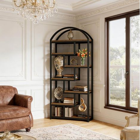 Meuble de rangement étagère 7 niveaux 80 x 30 x 180 cm noir et bois rustique OKMYHOME (1/5)