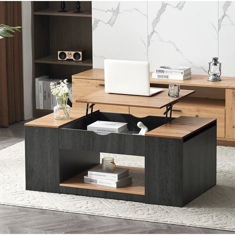Table Basse Relevable 109,5 cm, Structure Grise, Plateau Lift avec Espace de Rangement Sous le Plateau, Design Moderne (1/5)