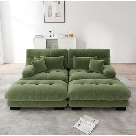 Divano angolare 220x145x81 cm in ciniglia verde con 2 ottomani per soggiorno – MEUBLIV (1/5)