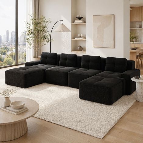 Modulares U-Sofa mit 4 Sitzen, tiefer Sitzfläche, schwarzer Cordbezug HAVRYA (1/5)