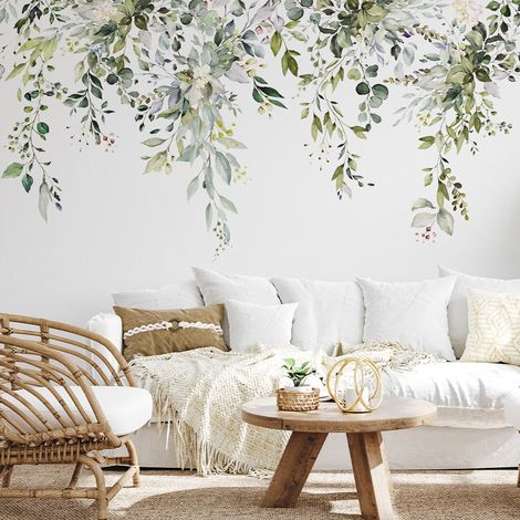 Sticker mural végétal vert, 6060cm, une pièce, sticker mural auto-adhésif à motif floral et feuilles vertes, sticker décoratif pour salon et chambre.