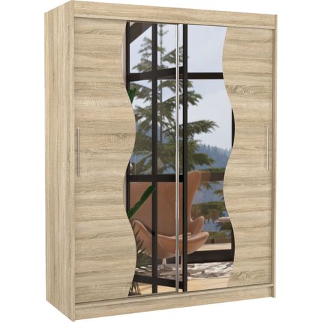 Les Tendances – Armoire de chambre bois clair 150cm – 2 portes coulissantes avec miroir – Penderie et étagères réglables – Fabrication européenne (1/5)