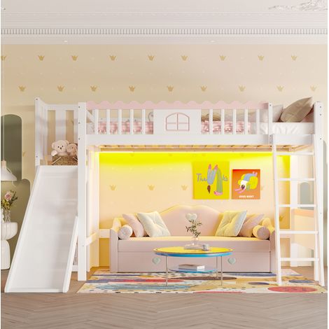 Lit mezzanine enfant en pin blanc 90x200 cm avec LED, étagères et toboggan (1/5)