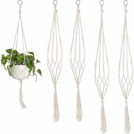 4 Macramé Pot Suspendu, Support Tressé en Coton pour Plantes, Intérieur et Extérieur, Décoration Balcon Jardin, 2 Tailles 90 (1/5)
