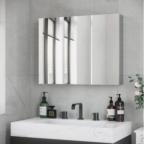 Mobiletto bagno con specchio 70x12x55 cm, 3 ante a specchio, 3 ripiani interni, acciaio inox, argento (1/5)