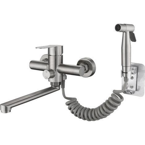 Grifo mezclador de cocina mural para fregadero con pistola rociadora y 2 tipos de chorro de agua, caño giratorio de 360° en acero inoxidable cepillado. (1/5)