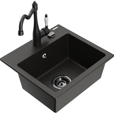Mexen Milo 1-Becken-Granit-Spüle mit Mischbatterie Carla, Schwarz/Gold metallisch - 6505-75-670700-7