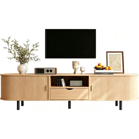 Meuble TV Bois Naturel,Avec Tiroir et et rangements ouverts ,Porte rideau,En MDF,Charge 50 kg,175×40×55 cm -Pour salon (1/5)