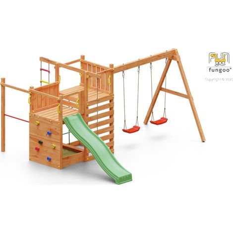 Fungoo Spielturm "Climbing Star 3", teak, mit Rutsche, Doppelschaukel, Kletterwand, Strickleiter, Kletternetz