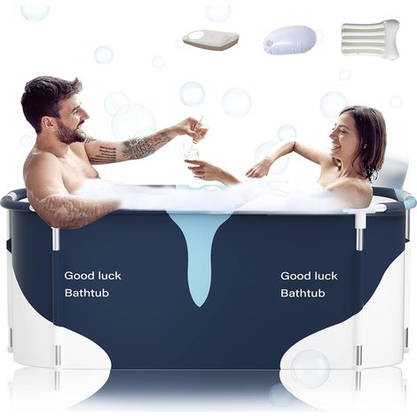 Baignoire pliable portable extra large de 140 cm avec cadre en métal pour adulte, baignoire familiale avec couvercle pour petite salle de bain (Style de lait) (1/5)