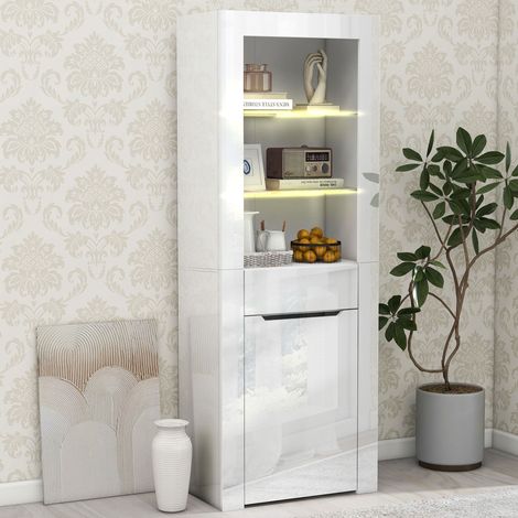 Vitrine avec 1 Porte, 1 Tiroir et 2 Étagères, LED Contrôlée par Application, Brillant Blanc, en Panneaux, 60×35,5×165 cm (1/5)