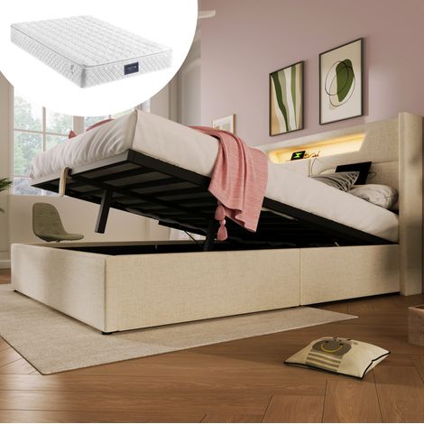 Bett Doppelbett mit Stauraum 140x200 Leinen OKMYHOME (1/5)