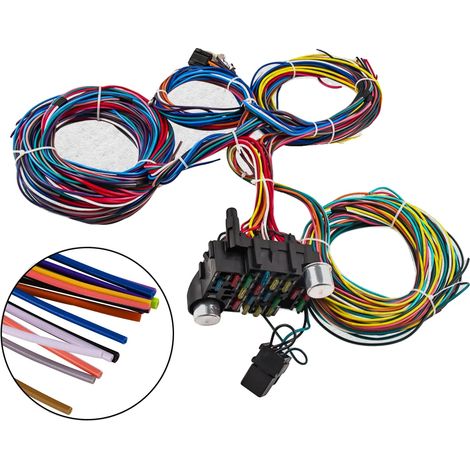 Mazo de cables, 21 circuitos, 17 fusibles, cables codificados por colores, incluye conectores de relé, para vehículos GM y Ford. (1/5)