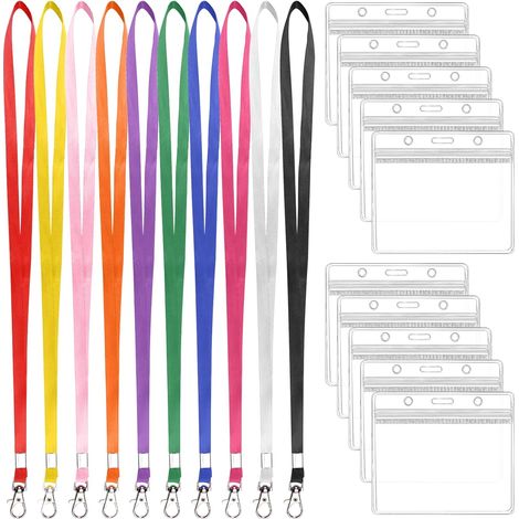 10 set di porta badge da collo, porta badge orizzontali trasparenti, porta badge in plastica con cordino, portachiavi da collo colorati per mostre, conferenze, scuole, uffici, studenti (1/5)