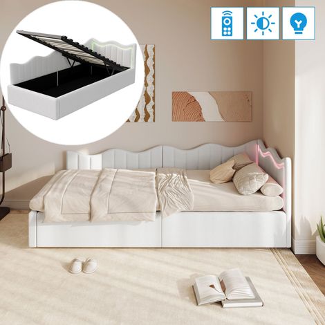 Lit simple 90x200 cm avec espace de rangement et bande LED, canapé-lit, style scandinave, lit coffre en tissu teddy, Blanc
