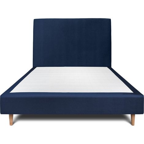 Lit 150x190cm avec tête de lit tapissier velours et sommier tapissier Bleu - Hauteur totale : 35cm (1/5)