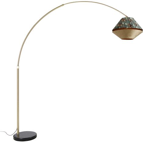 Brass Arc Lamp with Double Velvet Shade Leaf Design and Beige - XXL