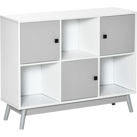 Mobile contenitore, libreria, scaffale espositivo con 6 cubi e ante per sala da pranzo e soggiorno, colore grigio.