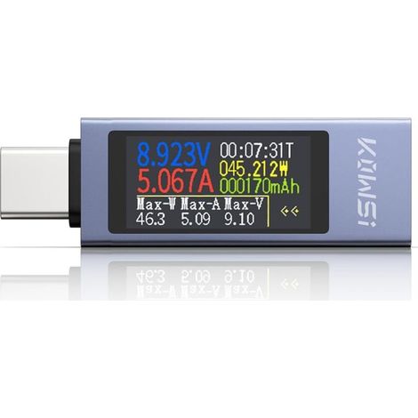 Tester USB-C, misuratore di corrente e tensione 4–30 V 0–12 A, multimetro digitale USB-C, dispositivo di misurazione USB, voltmetro, amperometro, tester di capacità, alimentatore, caricabatterie, rile
