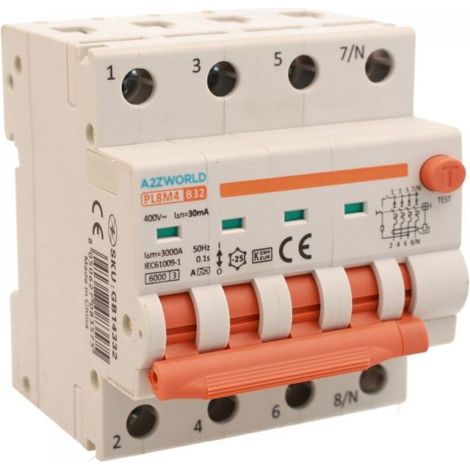 RCBO Interruttore Magnetotermico Differenziale Con Doppia Leva Tipo A Curva B 4P 4M 6000A 30mA, Diagnostica Visiva, B32A  AC 400V IP20 IEC61009-1 PL8M4 4P