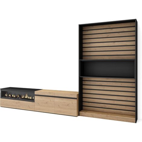 Skraut Home - Ensemble Meuble TV, Meuble Salon Complet, 310x186x35cm, Pour les TV jusqu'à 80", Cheminée électrique, Style moderne, Chêne et noir (1/5)