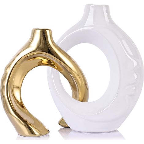 Vase Blanc Et Doré, Avec Trou - Vase En Céramique Moderne Pour La Décoration, Vases En Forme De Donut Blanc Et Doré Au Style Nordique Minimaliste,Vase Décoratif Pour Centre De Table,Mariage Décoration (1/5)