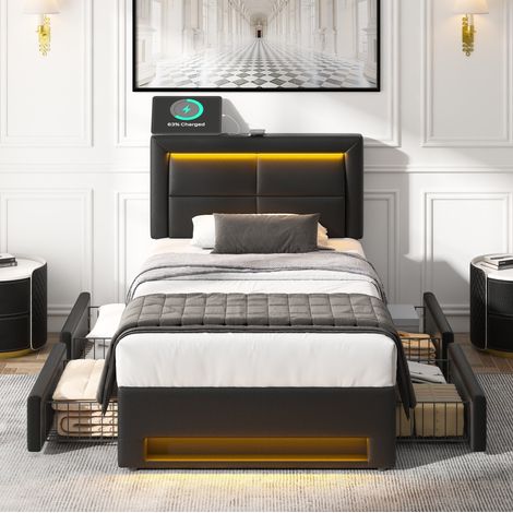DESVIAE Lit rembourré avec charge USB filaire et sans fil éclairage LED 12 couleurs 4 tiroirs de rangement sommier à lattes stable 90 x 190 cm noir revêtement PU (1/5)