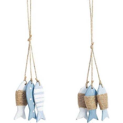 Poissons en bois, décoration murale en bois, lot de 6 poissons décoratifs en bois, arêtes de poisson, avec ficelle (1/5)
