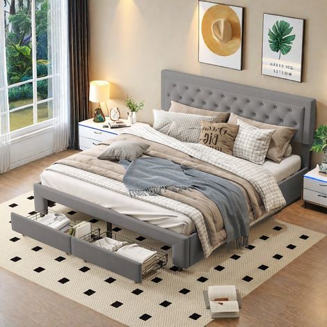 Lit coffre 180x200 avec rangement hydraulique et tiroirs, cadre de lit avec sommier à lattes, tête de lit réglable, gris velours lit adultes (1/5)