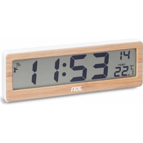 Orologio elettronico ADE con ampio display, 21,5 x 2 x 7 cm, cornice in bambù.