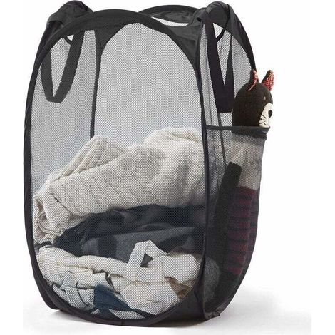 Panier à linge pop-up en maille avec poignées durables – Paniers à vêtements pliables portables pour dortoir, salle de bain et voyage (noir),de DEBUNS