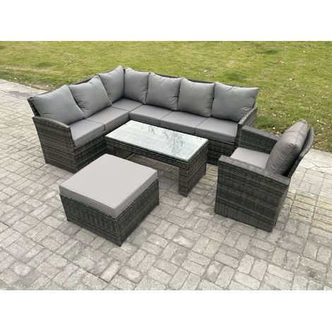 Fimous Rattan Garden Furniture Sets High Back Corner Sofa Oblong Coffee Table Set with Big Footstool Armchair Dark Grey Mixed
