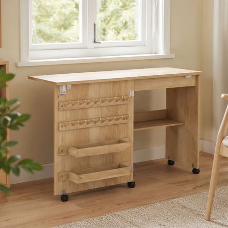 Table de Couture Pliante, Meuble Couture Roulant, Porte Magnétique de Grange, 2 Bacs, Étagère, 18 Chevilles, Naturel (1/5)